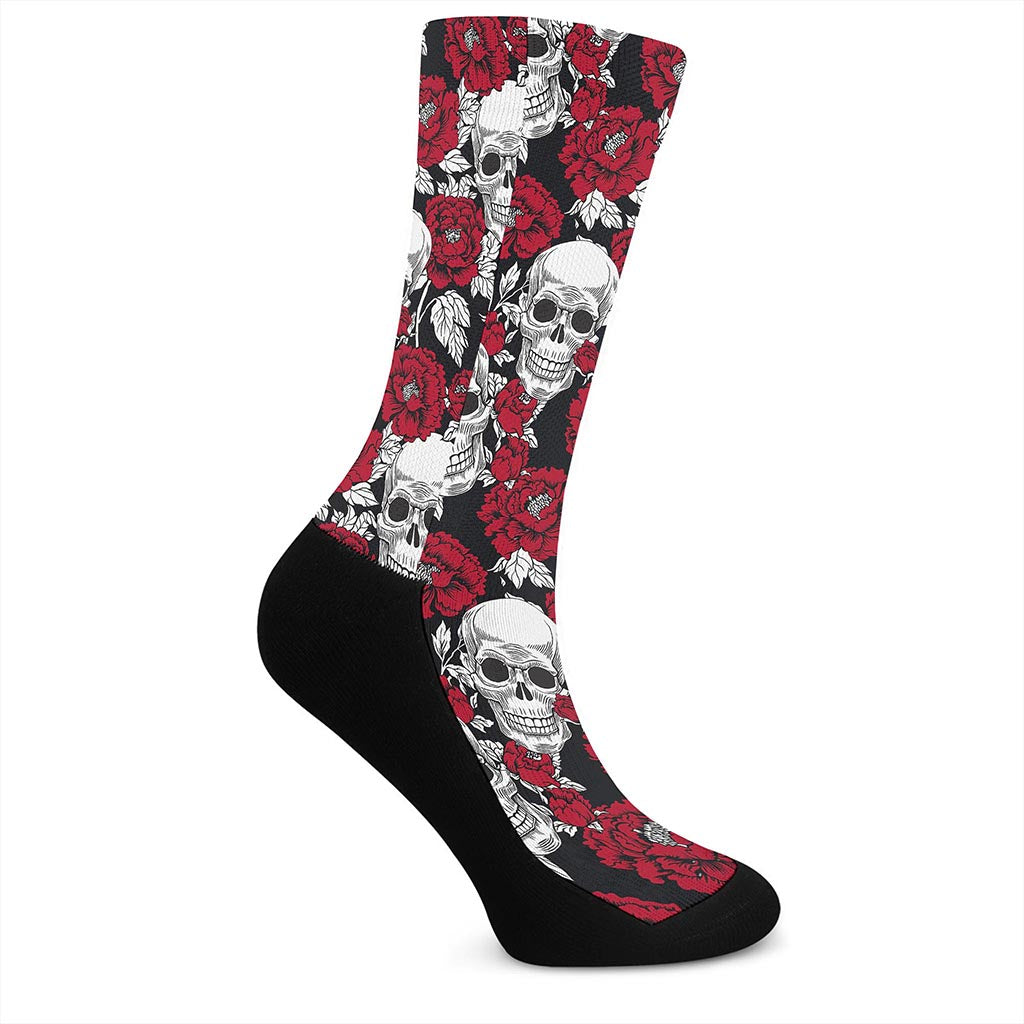 Red Peony Skull Pattern Print Crew Socks