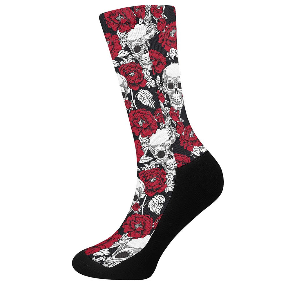 Red Peony Skull Pattern Print Crew Socks