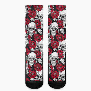 Red Peony Skull Pattern Print Crew Socks