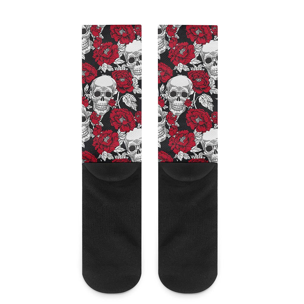 Red Peony Skull Pattern Print Crew Socks