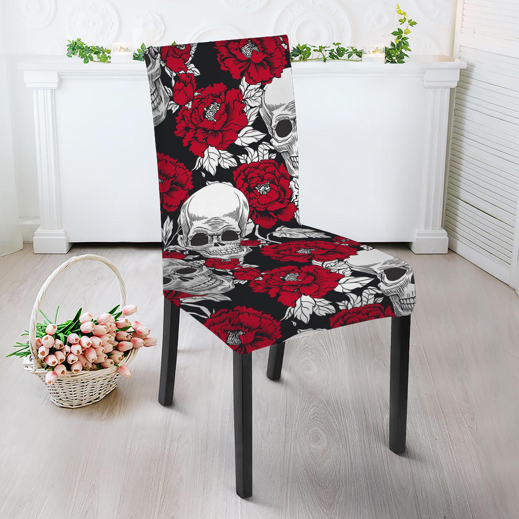 Red Peony Skull Pattern Print Dining Chair Slipcover