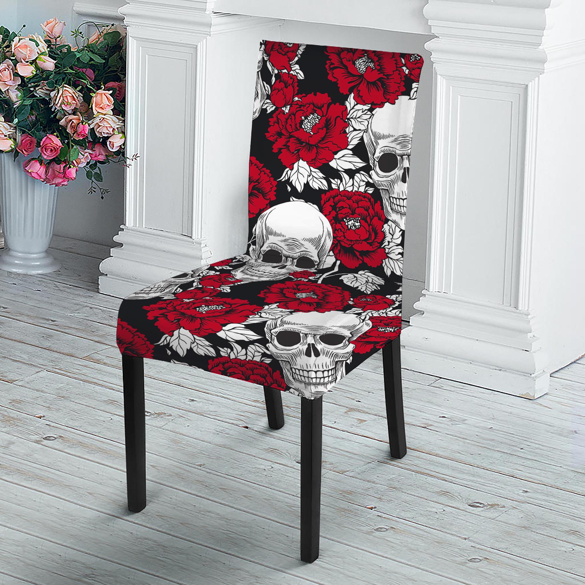 Red Peony Skull Pattern Print Dining Chair Slipcover