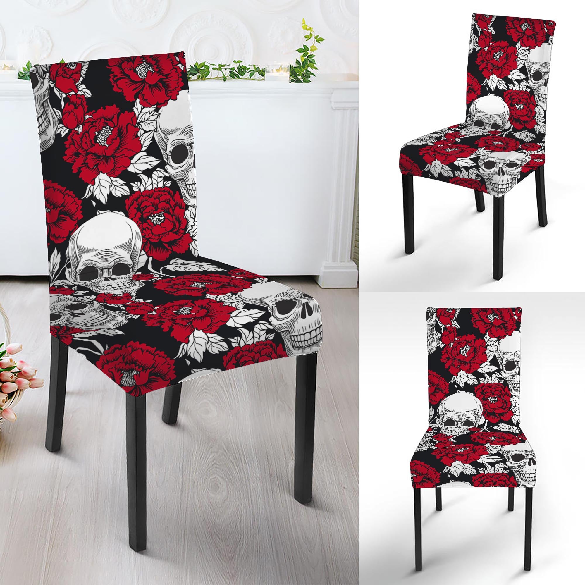 Red Peony Skull Pattern Print Dining Chair Slipcover