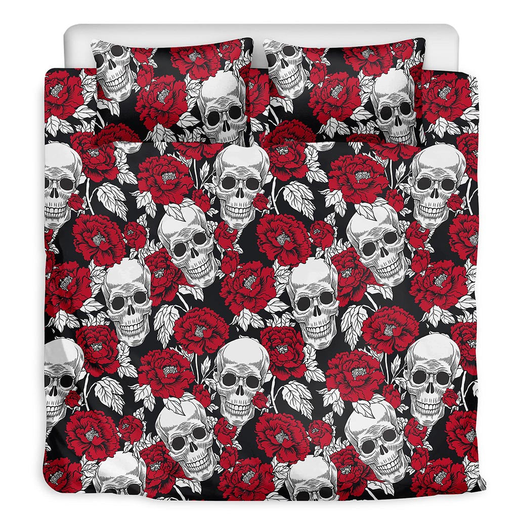 Red Peony Skull Pattern Print Duvet Cover Bedding Set