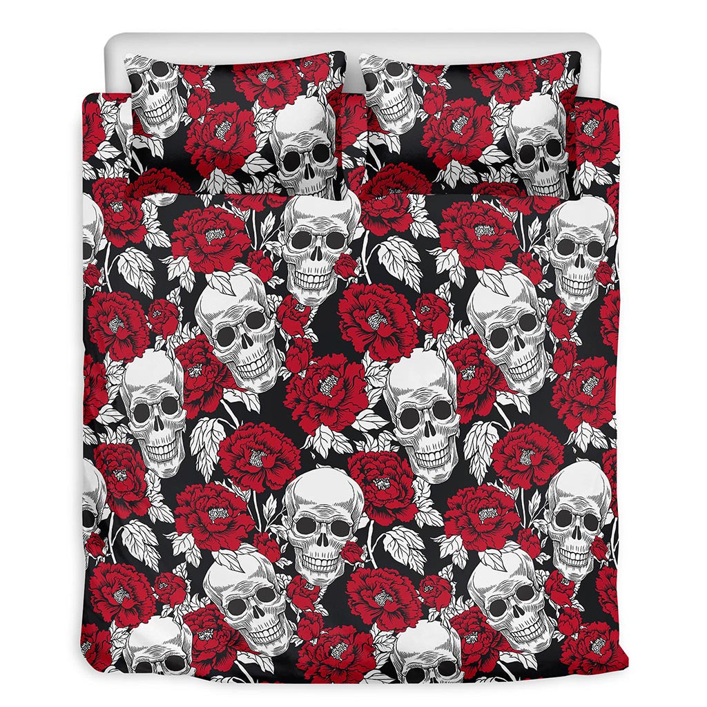 Red Peony Skull Pattern Print Duvet Cover Bedding Set