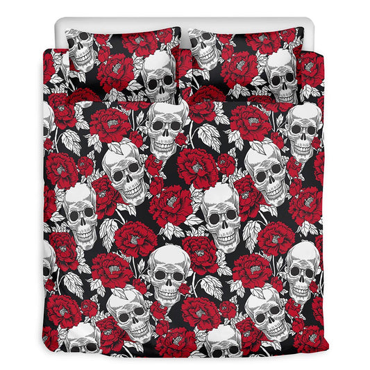 Red Peony Skull Pattern Print Duvet Cover Bedding Set