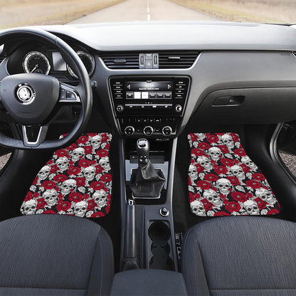 Red Peony Skull Pattern Print Front and Back Car Floor Mats
