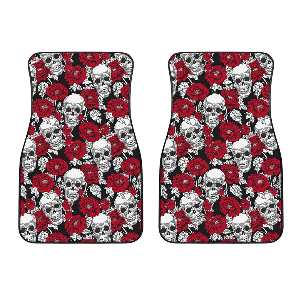 Red Peony Skull Pattern Print Front Car Floor Mats