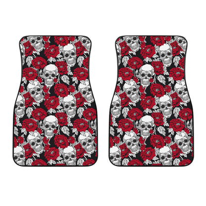 Red Peony Skull Pattern Print Front Car Floor Mats