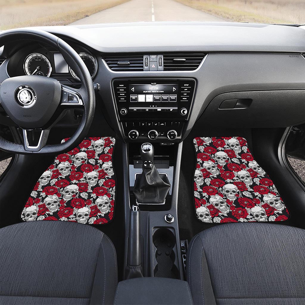Red Peony Skull Pattern Print Front Car Floor Mats