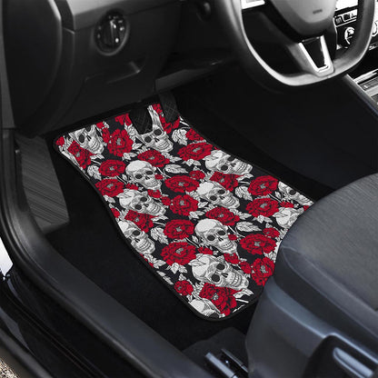 Red Peony Skull Pattern Print Front Car Floor Mats