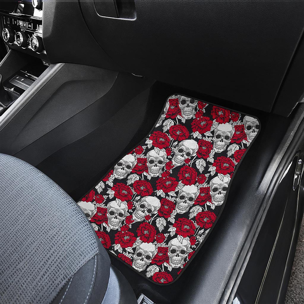 Red Peony Skull Pattern Print Front Car Floor Mats