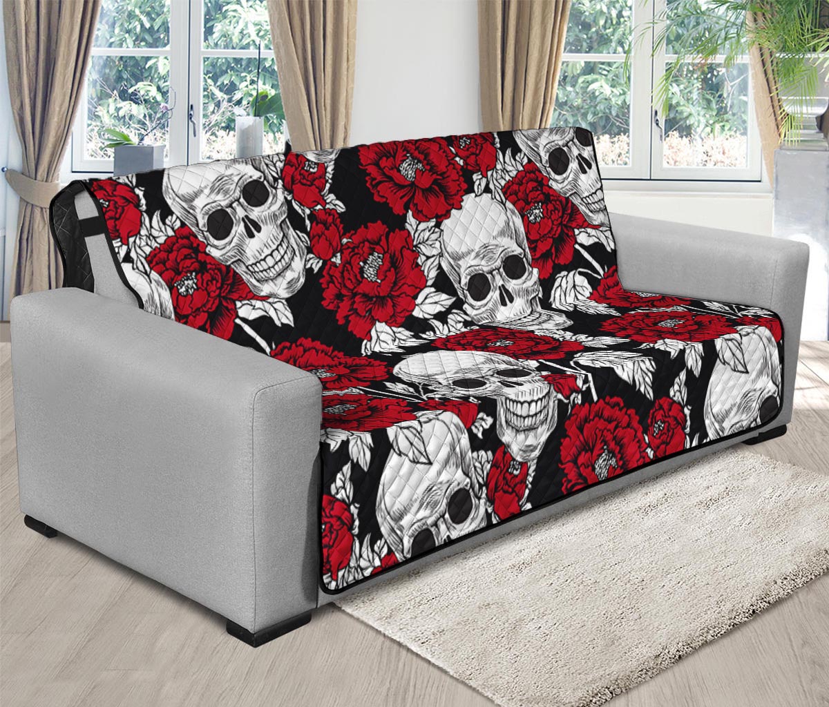 Red Peony Skull Pattern Print Futon Protector