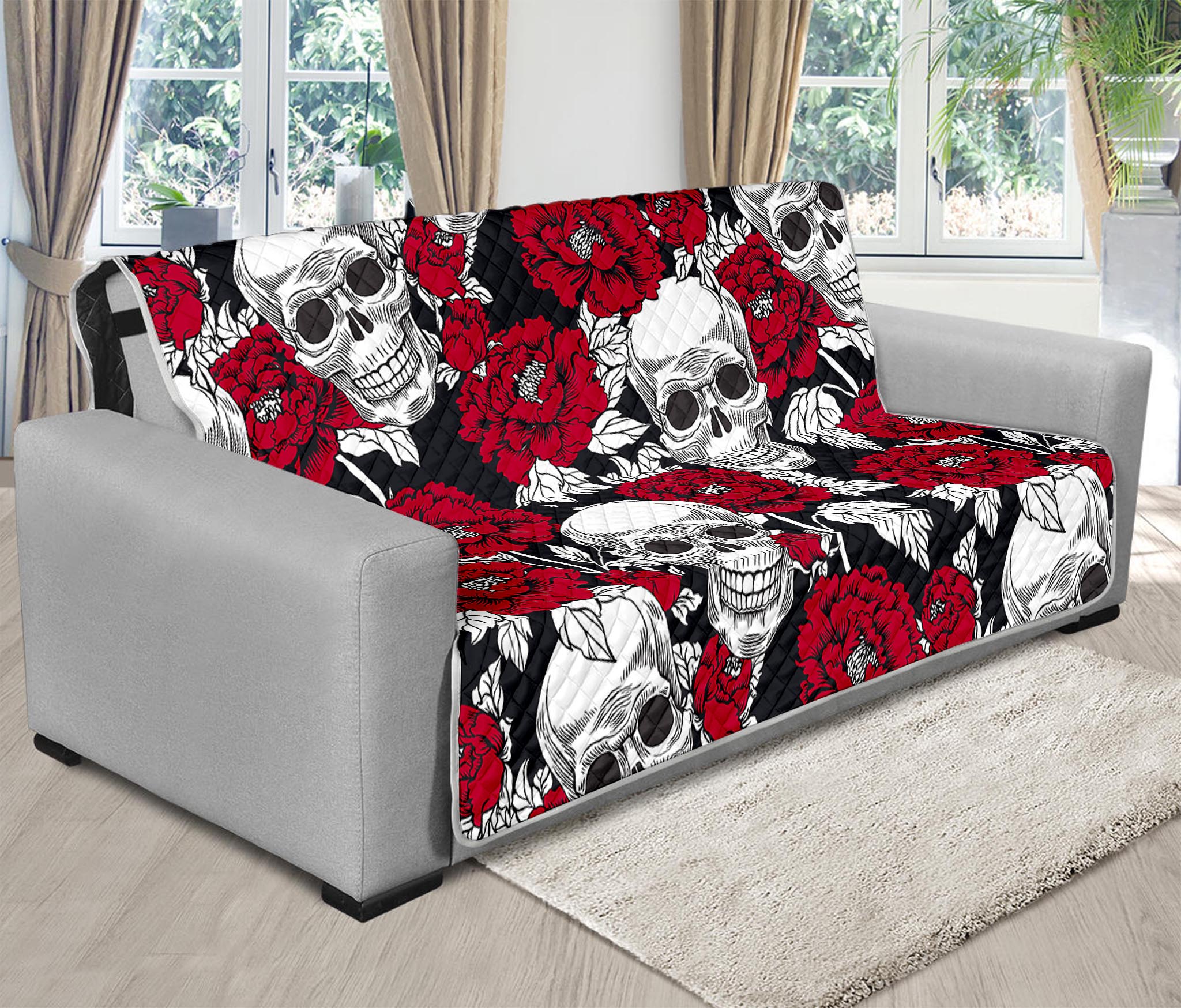 Red Peony Skull Pattern Print Futon Protector