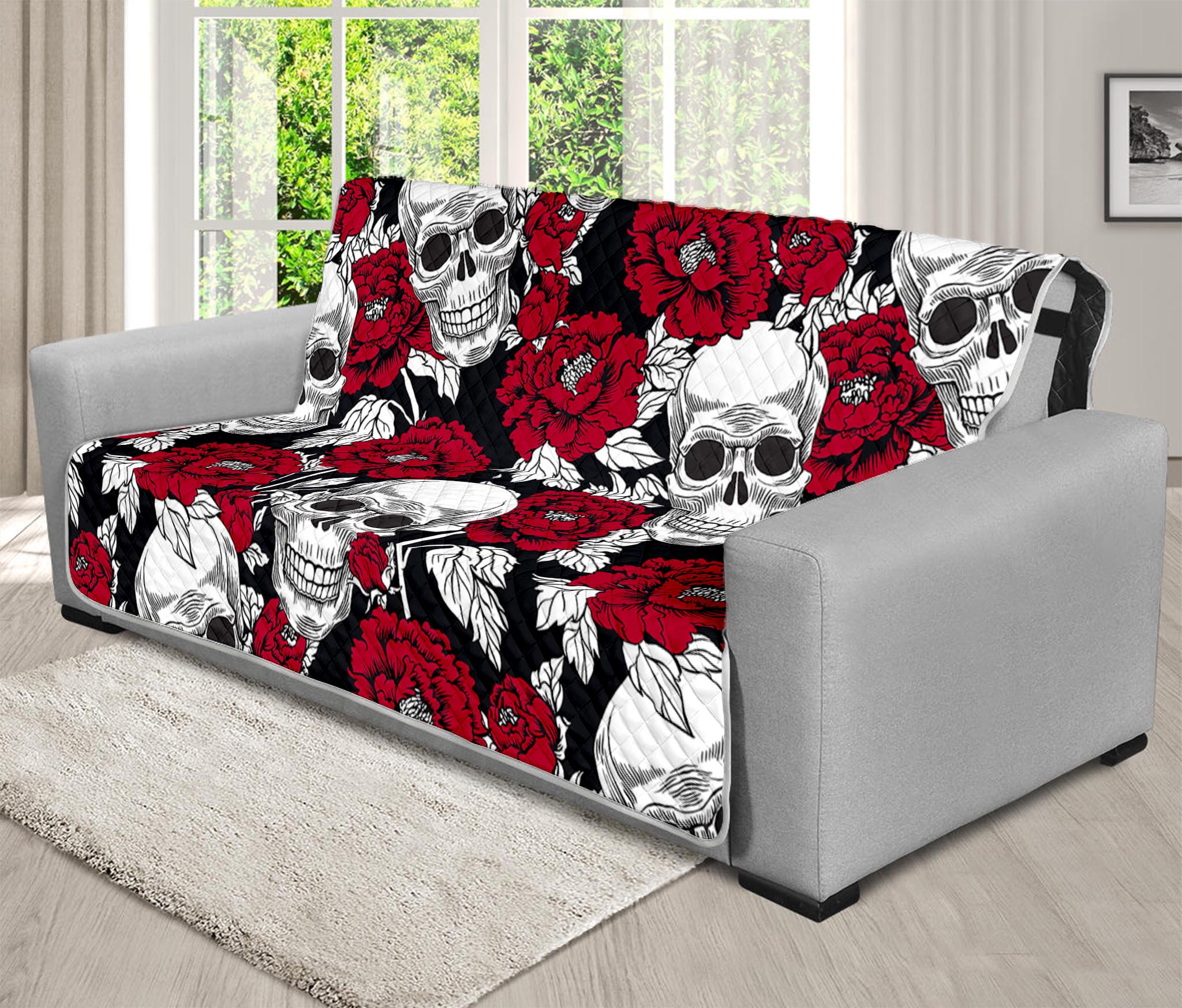 Red Peony Skull Pattern Print Futon Protector