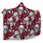 Red Peony Skull Pattern Print Hooded Blanket
