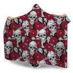 Red Peony Skull Pattern Print Hooded Blanket