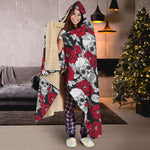 Red Peony Skull Pattern Print Hooded Blanket