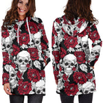 Red Peony Skull Pattern Print Hoodie Dress GearFrost
