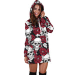 Red Peony Skull Pattern Print Hoodie Dress GearFrost