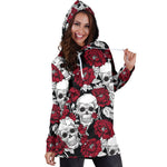 Red Peony Skull Pattern Print Hoodie Dress GearFrost