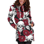Red Peony Skull Pattern Print Hoodie Dress GearFrost