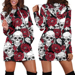 Red Peony Skull Pattern Print Hoodie Dress GearFrost