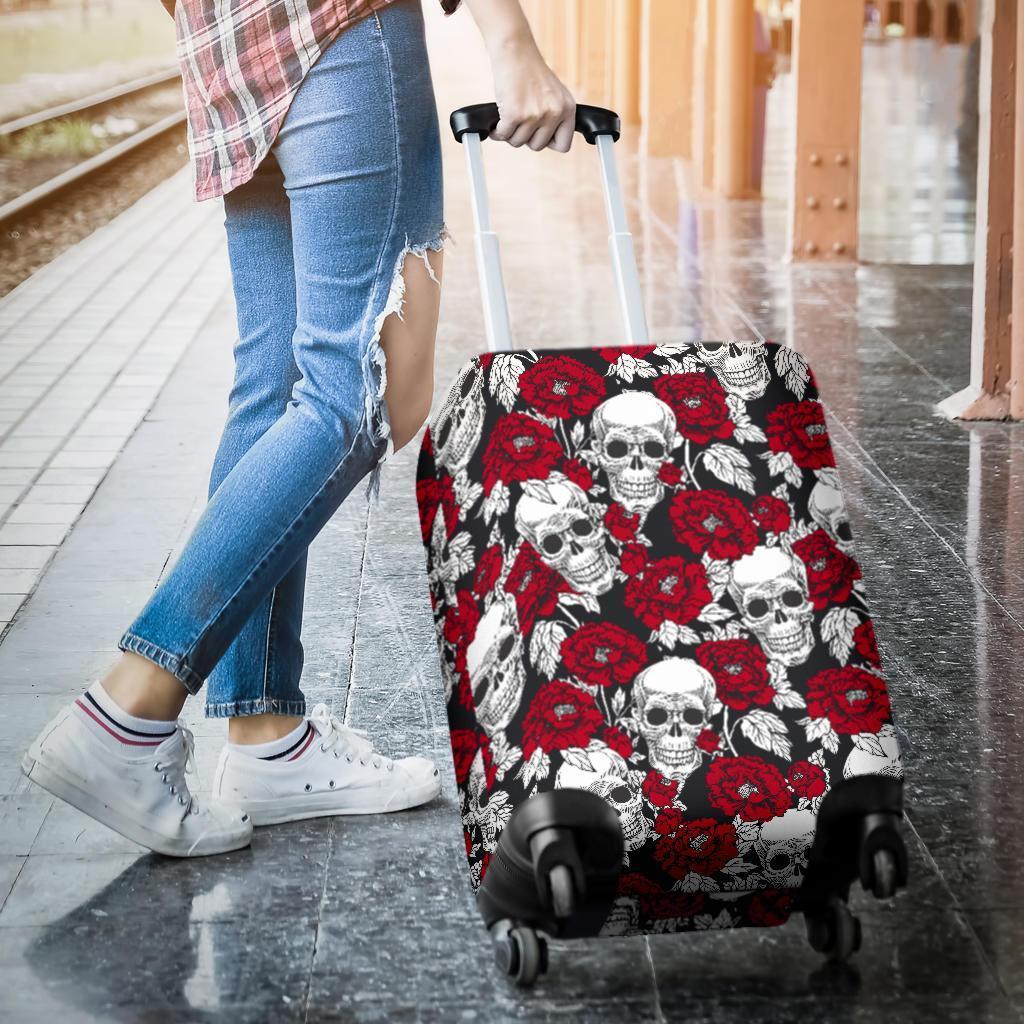 Red Peony Skull Pattern Print Luggage Cover GearFrost