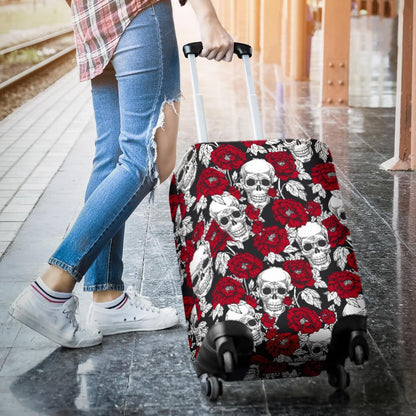 Red Peony Skull Pattern Print Luggage Cover GearFrost