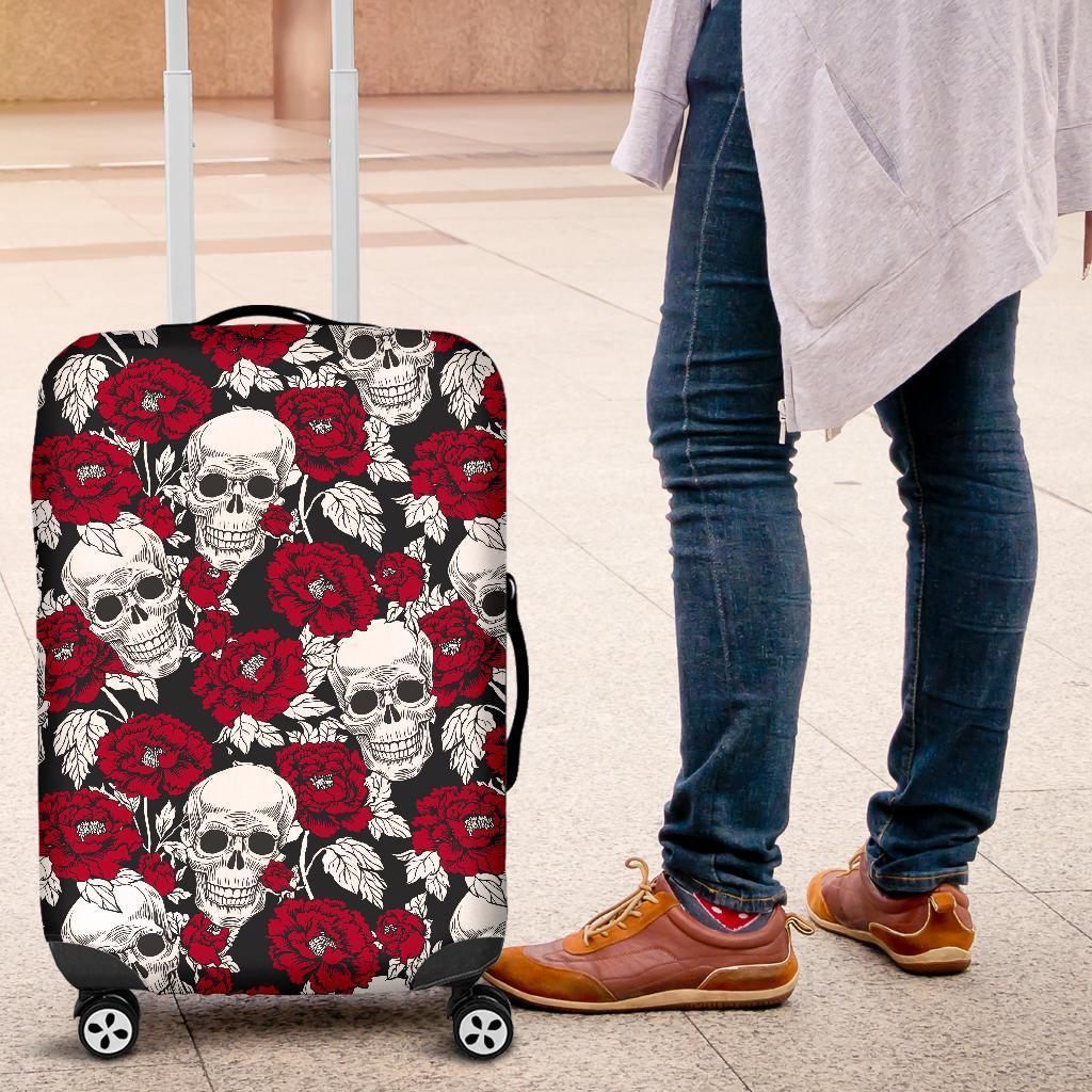 Red Peony Skull Pattern Print Luggage Cover GearFrost