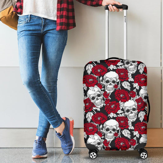 Red Peony Skull Pattern Print Luggage Cover GearFrost