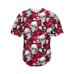 Red Peony Skull Pattern Print Men's Baseball Jersey