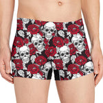 Red Peony Skull Pattern Print Men's Boxer Briefs