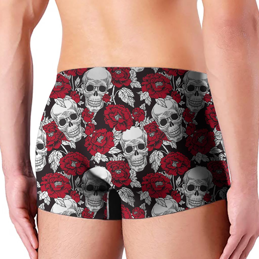 Red Peony Skull Pattern Print Men's Boxer Briefs
