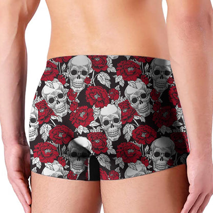 Red Peony Skull Pattern Print Men's Boxer Briefs