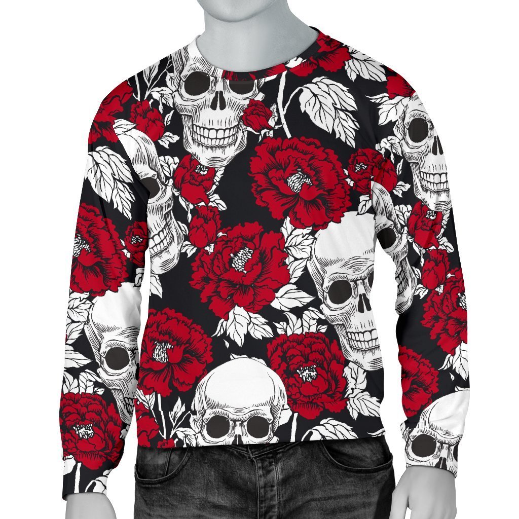 Red Peony Skull Pattern Print Men's Crewneck Sweatshirt GearFrost
