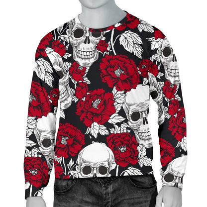 Red Peony Skull Pattern Print Men's Crewneck Sweatshirt GearFrost