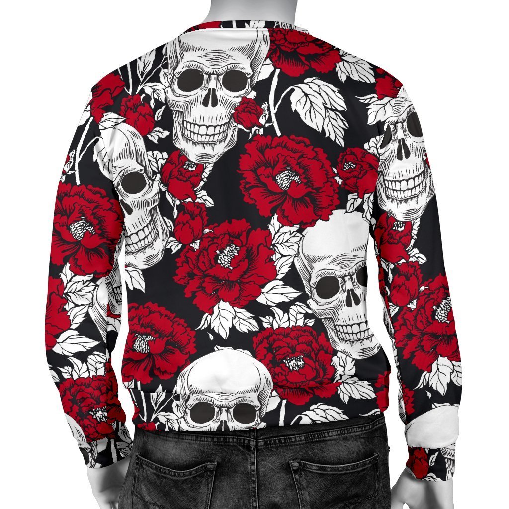 Red Peony Skull Pattern Print Men's Crewneck Sweatshirt GearFrost