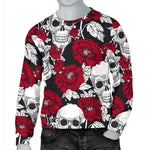Red Peony Skull Pattern Print Men's Crewneck Sweatshirt GearFrost