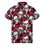 Red Peony Skull Pattern Print Men's Short Sleeve Shirt