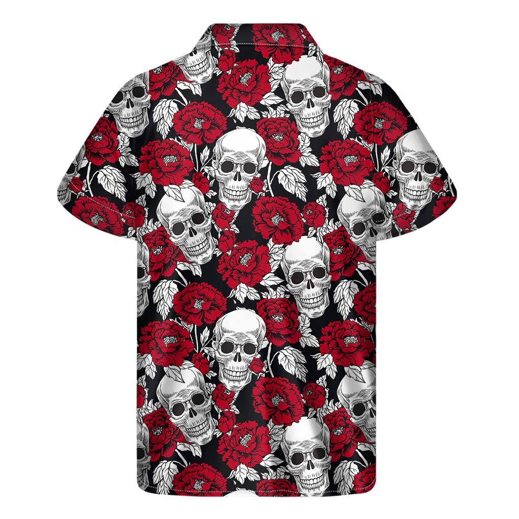 Red Peony Skull Pattern Print Men's Short Sleeve Shirt