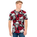 Red Peony Skull Pattern Print Men's T-Shirt