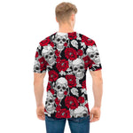 Red Peony Skull Pattern Print Men's T-Shirt