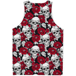 Red Peony Skull Pattern Print Men's Tank Top