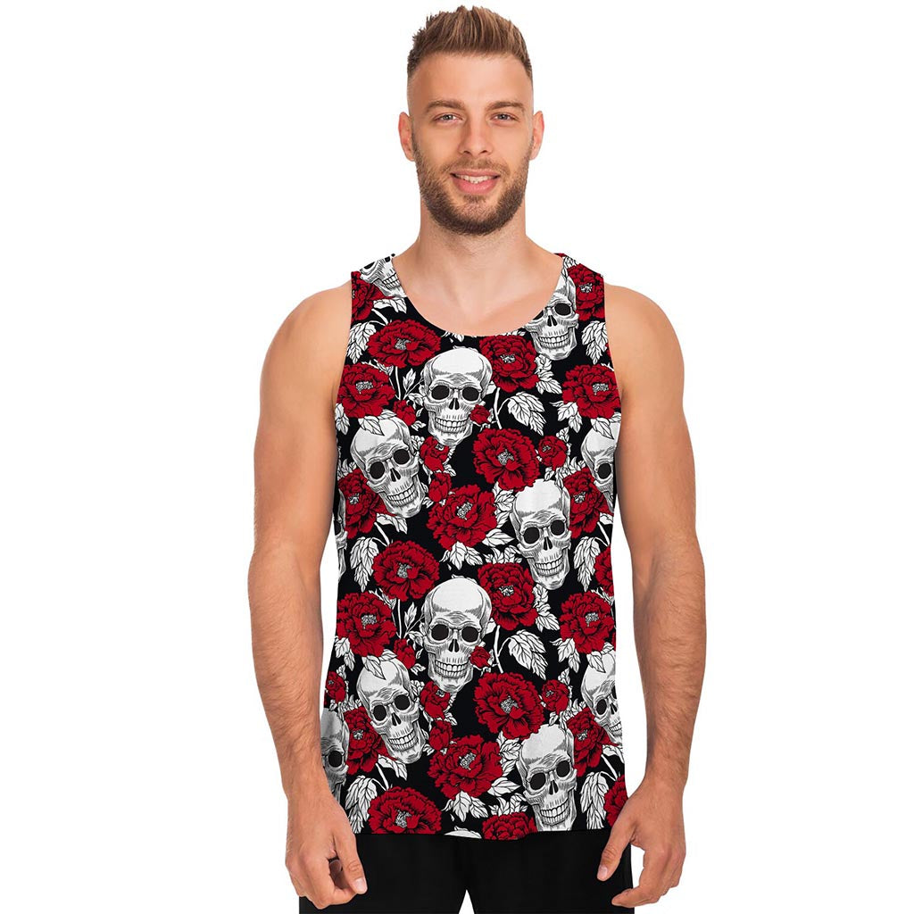 Red Peony Skull Pattern Print Men's Tank Top