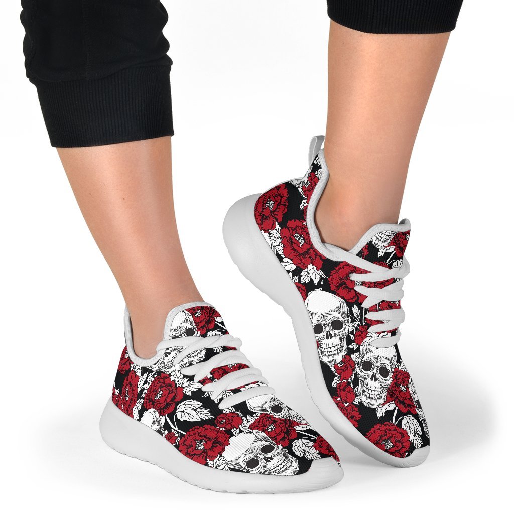 Red Peony Skull Pattern Print Mesh Knit Shoes GearFrost