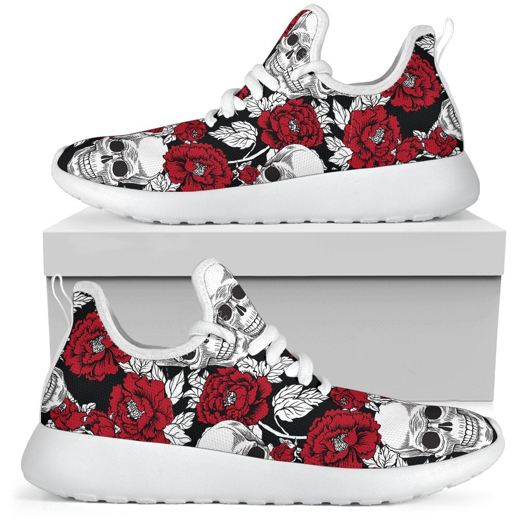 Red Peony Skull Pattern Print Mesh Knit Shoes GearFrost
