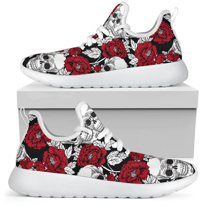 Red Peony Skull Pattern Print Mesh Knit Shoes GearFrost