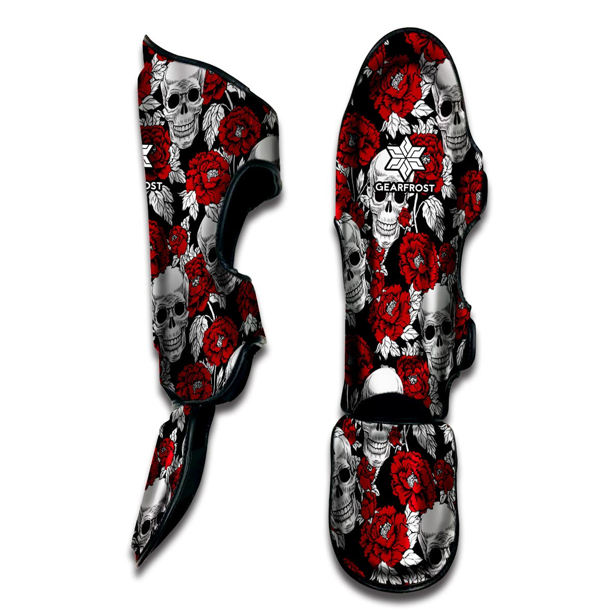 Red Peony Skull Pattern Print Muay Thai Shin Guard