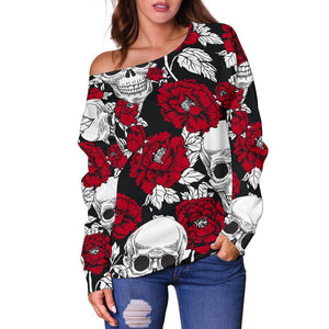 Red Peony Skull Pattern Print Off Shoulder Sweatshirt GearFrost